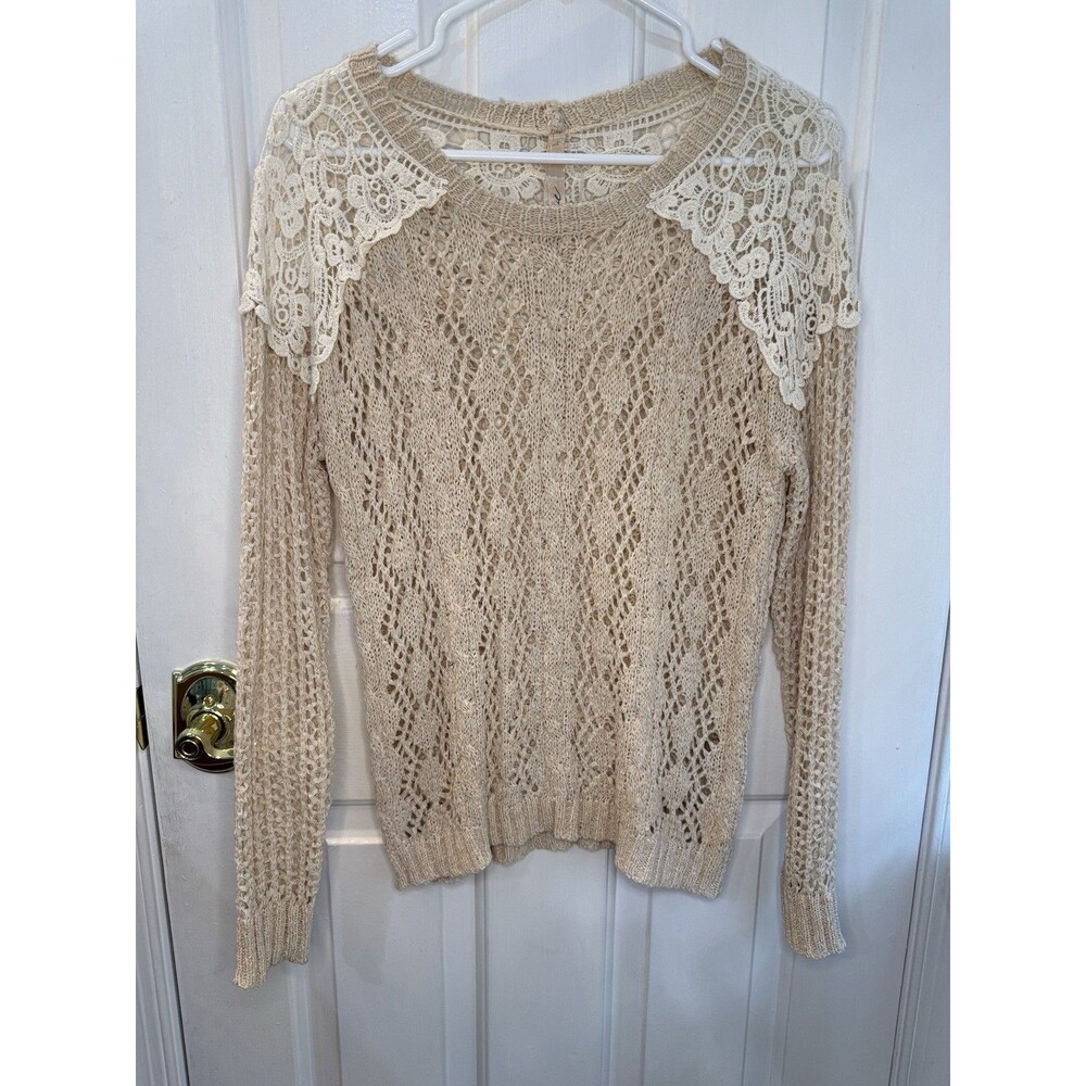 Mystree Boho Lace Crochet Knit Sweater Cream S/M Open Weave Top
